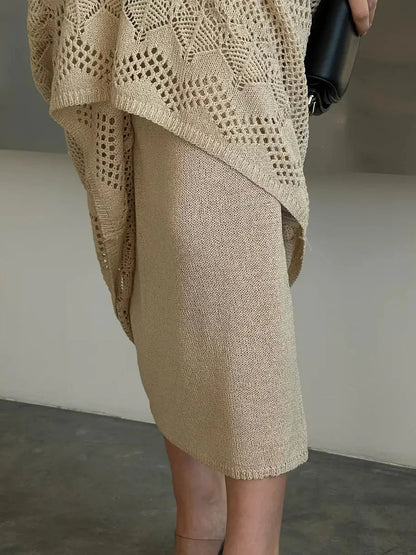 Elegant beige crochet knit detail of the Verona Maxi Dress by Lauven, showcasing vintage charm and sophisticated summer style.