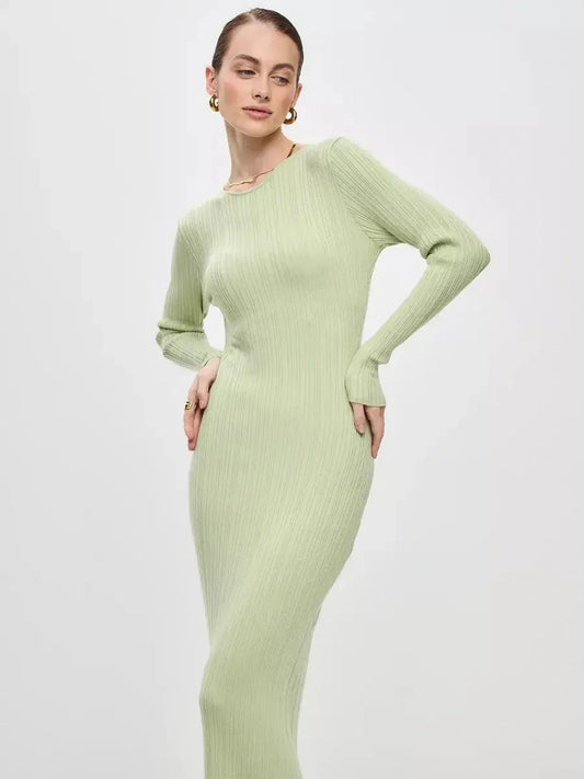 Celery Luxe Maxi Dress in light green, featuring ribbed-knit design and seamless elegance, perfect for sophisticated occasions.