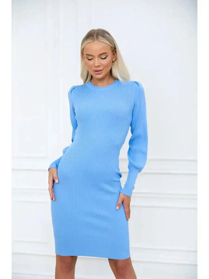 Azure mini dress with long sleeves and ribbed texture, featuring a fitted silhouette and stylish gold-tone cuff buttons.