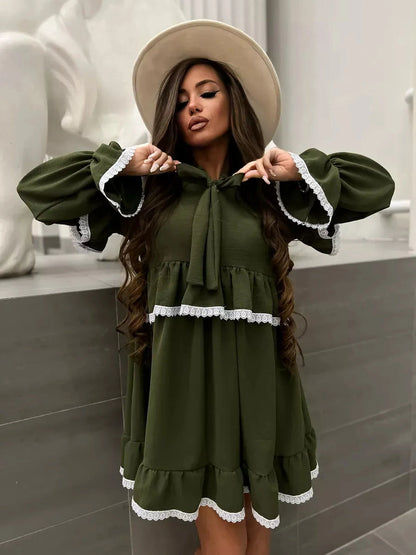 Olivea Mini Dress by Lauven featuring romantic ruffles and lace trim in khaki, perfect for a chic look.