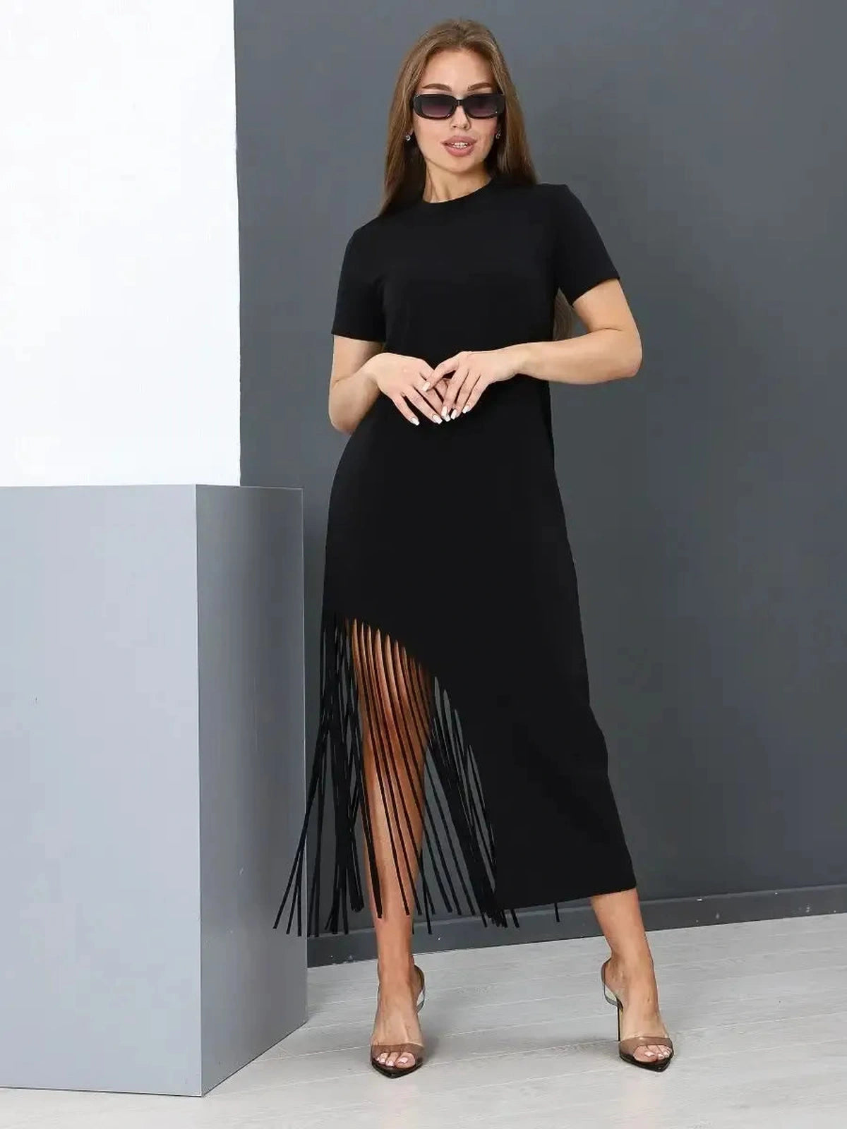 Noir Midi Dress by Lauven, featuring a black cotton silhouette with fringe hem for effortless chic style.