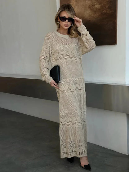 Verona Maxi Dress by Lauven in beige crochet knit, showcasing timeless summer sophistication and vintage charm.