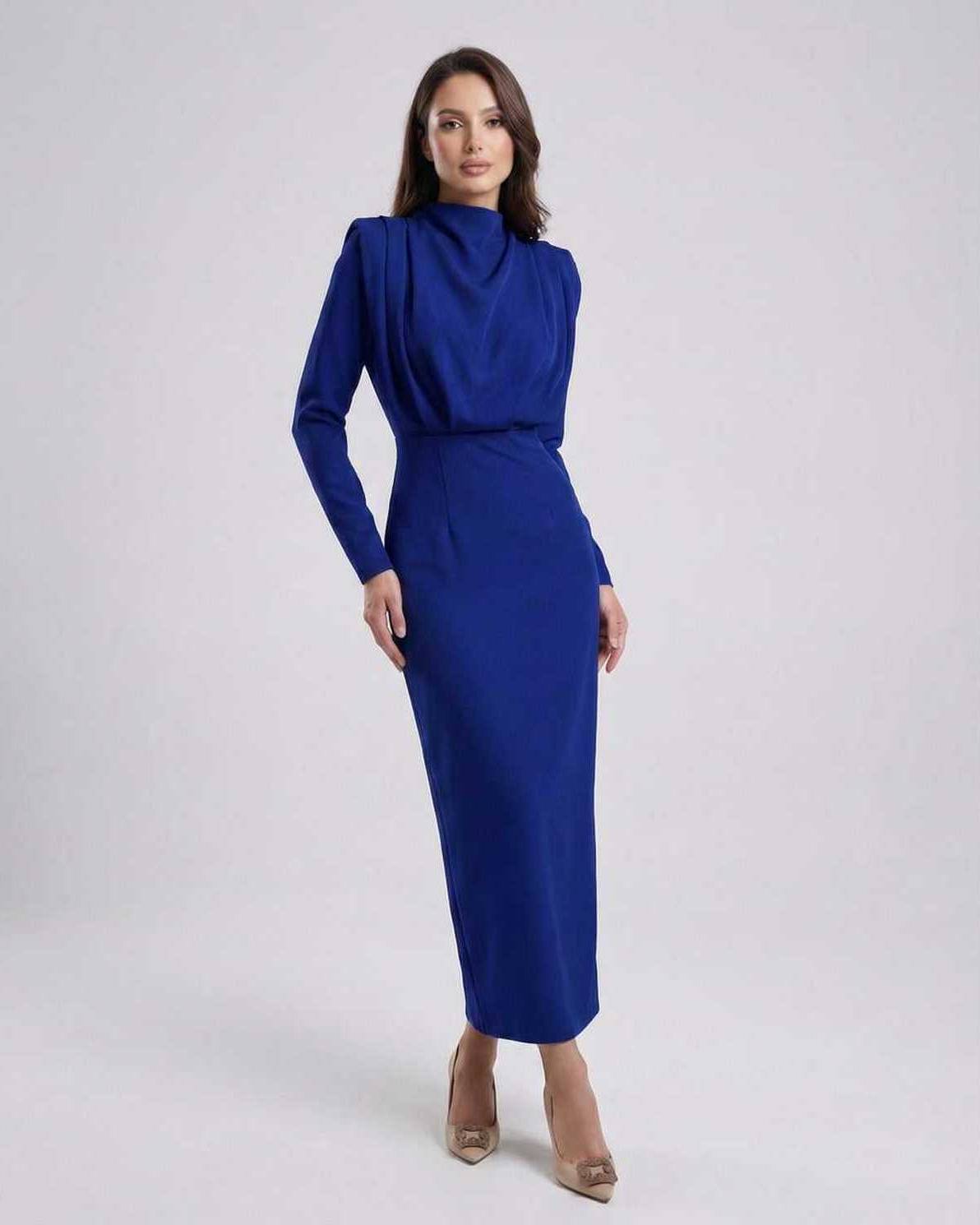 Lauven Indigo Midi Dress featuring a sleek trumpet silhouette and stand neckline, perfect for modern elegance.