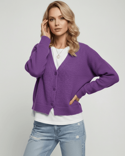 Iris Cardigan by Lauven - vibrant purple cozy knitwear for stylish layering and comfort.
