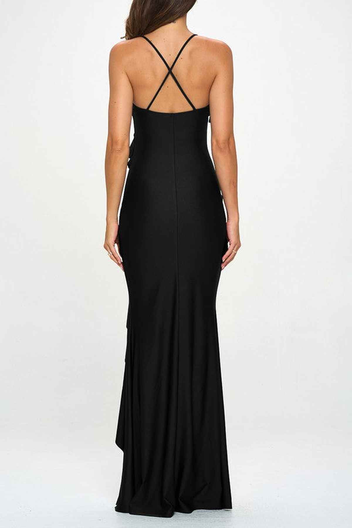 Back view of the elegant black Iris Maxi Dress featuring crisscross straps and a figure-hugging silhouette for women.