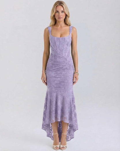 Iris Maxi Dress by Lauven, elegant lavender jacquard dress with square neckline and fish tail hem.