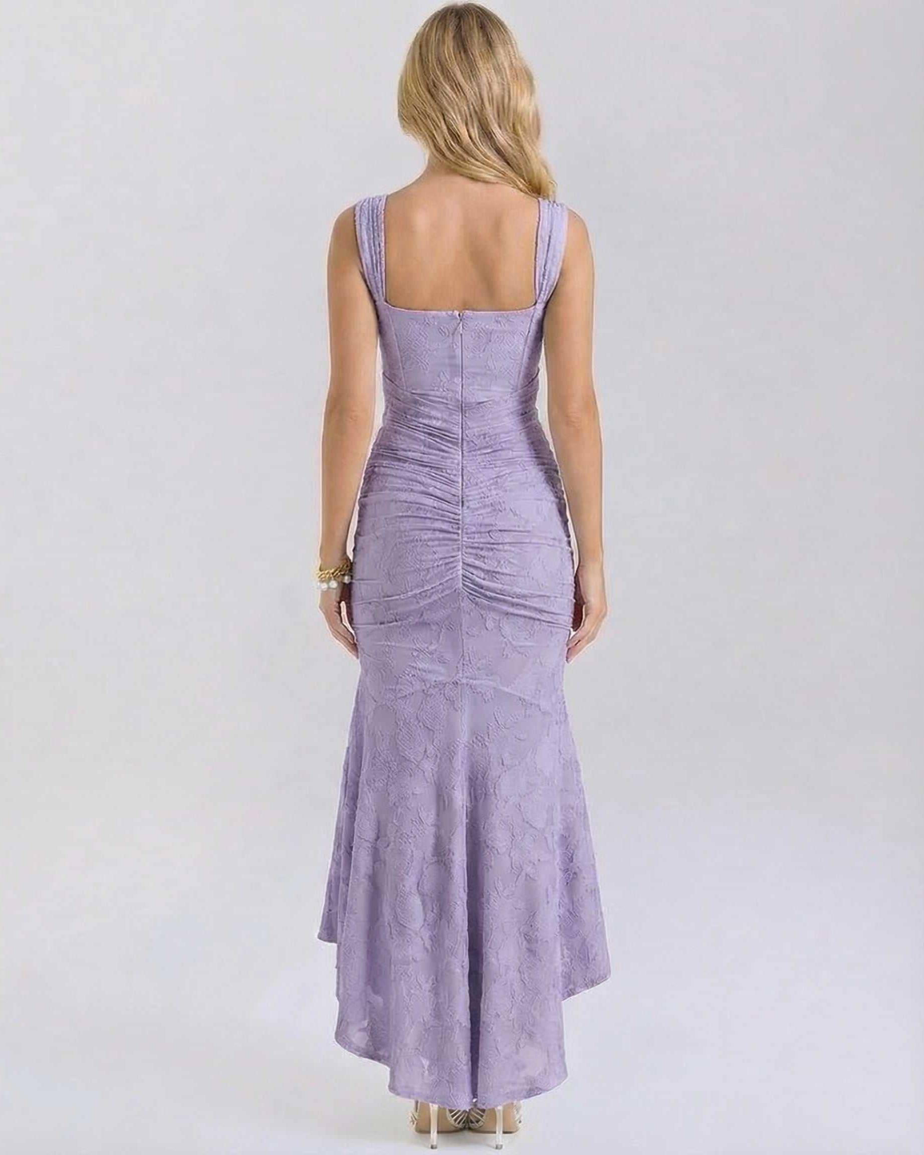 Back view of the Iris Maxi Dress by Lauven, featuring a square neckline and elegant pleated details in lavender.