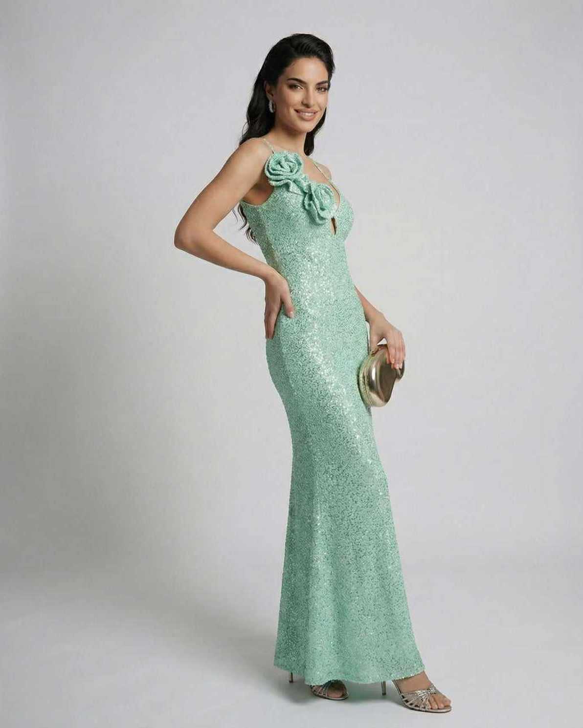 Isla Maxi Dress by Lauven in mint green with sequins and floral detail, perfect for spring and summer occasions.
