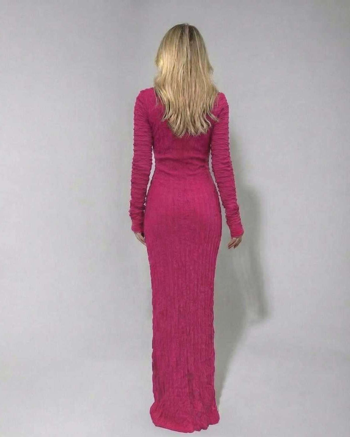 Isla Maxi Dress by Lauven, textured pink long sleeve knitted maxi dress, stylish back view.
