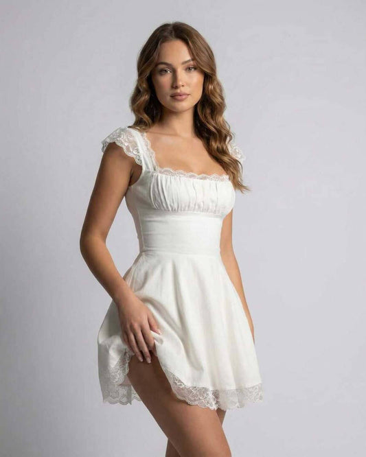 Isla Mini Dress by Lauven featuring lace details and a flattering slim fit, perfect for clubwear.