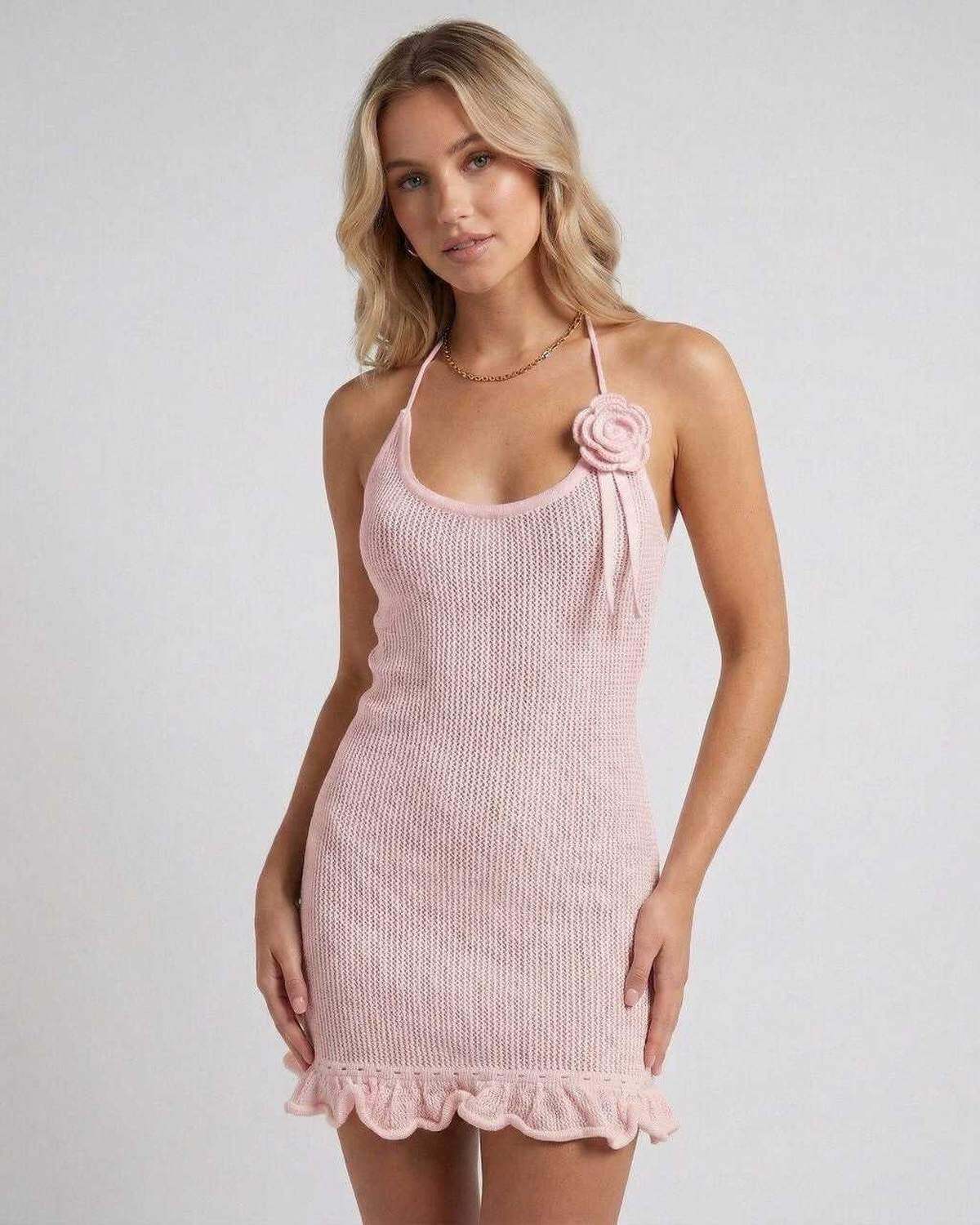 Isla Mini Dress by Lauven in pink with halter neck and spaghetti straps, perfect for summer outings.