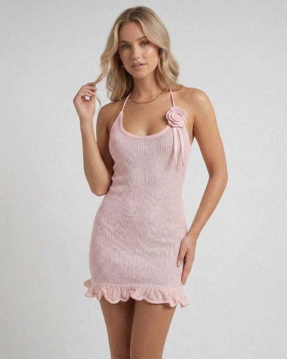 Isla Mini Dress by Lauven - Pink halter neck pleated mini dress with spaghetti straps and ruffled hem.