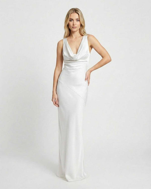 Ivoria Maxi Dress by Lauven, satin-effect cowl neck sleeveless maxi dress in elegant white.