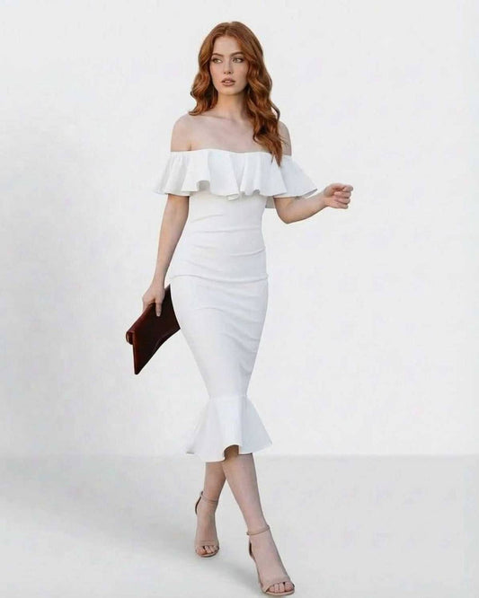 Ivorié Midi Dress by Lauven - Elegant off shoulder ruffled dress with bodycon fit for sophisticated occasions.