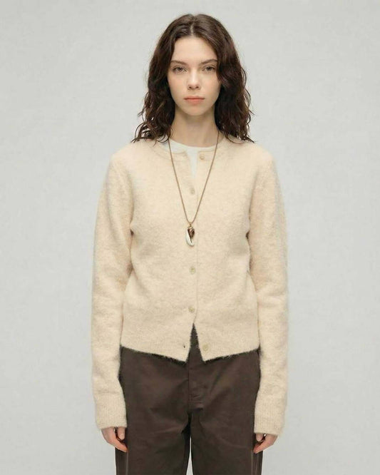 Ivory Cardigan by Lauven, women’s beige cardigan sweater with round neck and button front, perfect for layering.