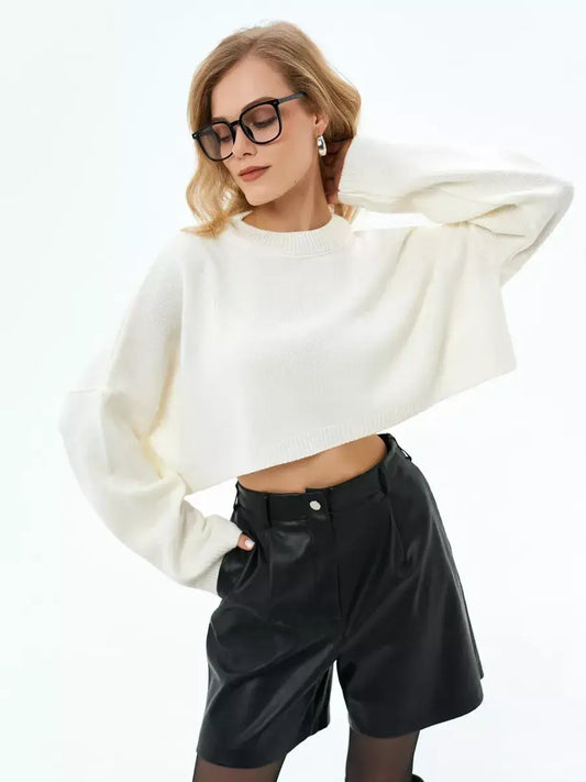 Ivory Sweater by Lauven, cropped oversized knit in white, perfect for layering and casual wear.