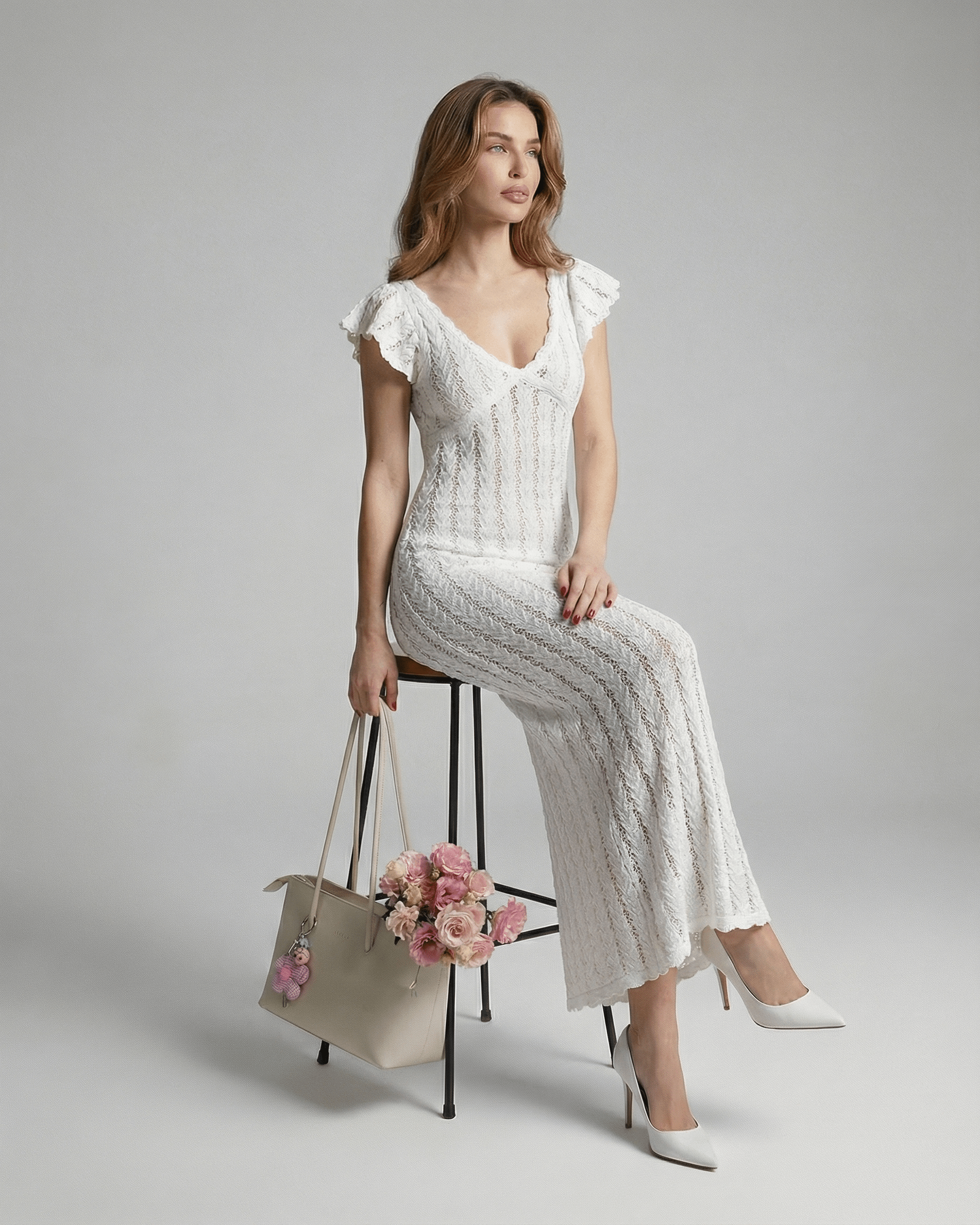 Ivory Lace Maxi by Lauven, featuring a V-neck bodycon design with ruffle sleeves and floral handbag.