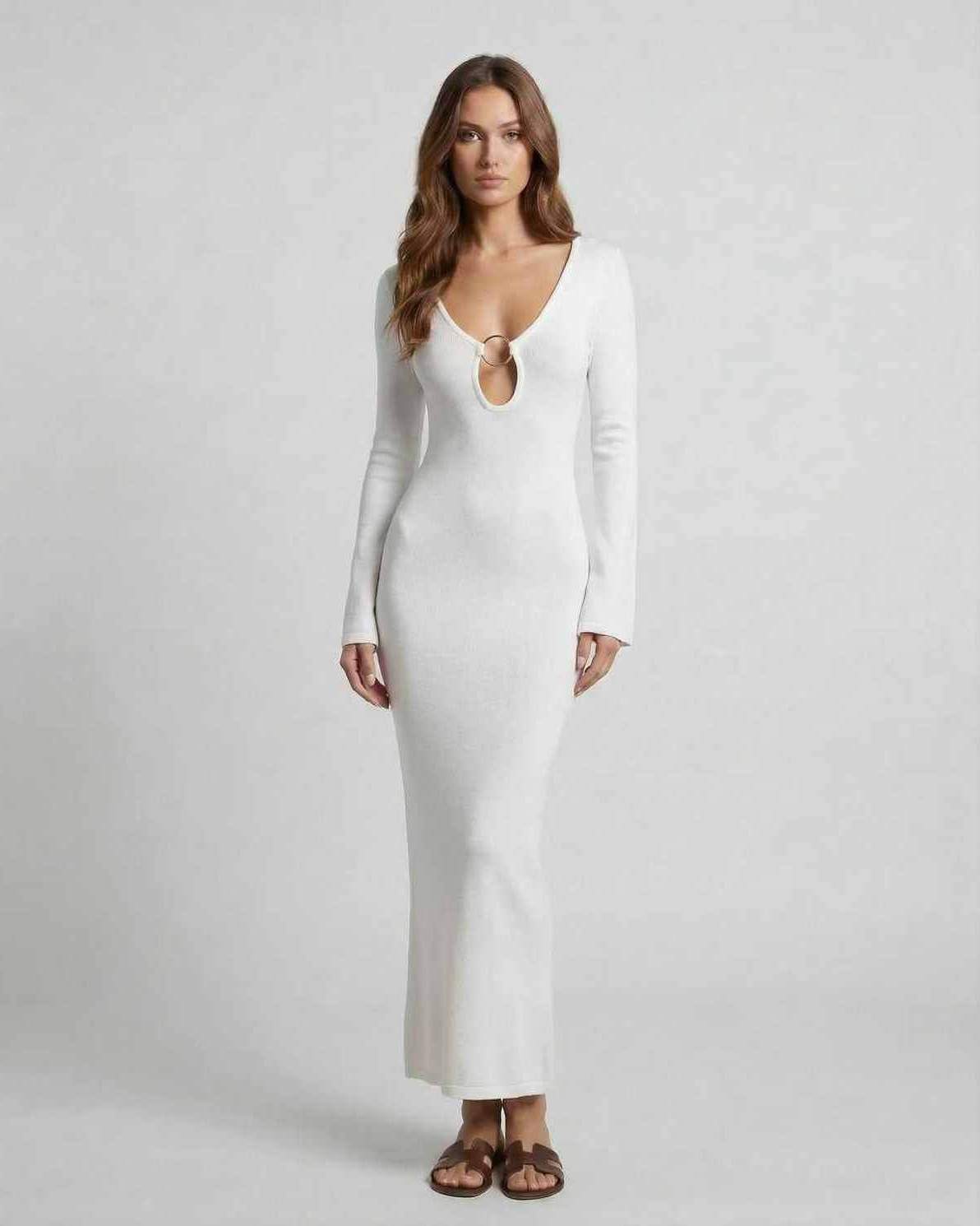 Ivory Maxi Dress by Lauven featuring a V-neck ring detail and sleek sheath silhouette in a luxurious synthetic blend.