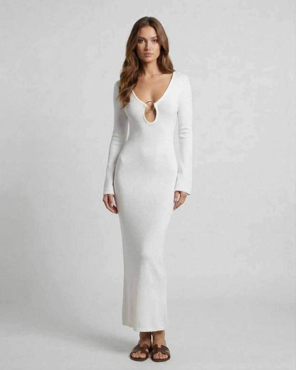 Ivory Maxi Dress by Lauven featuring a V-neck ring detail and sleek sheath silhouette in a luxurious synthetic blend.