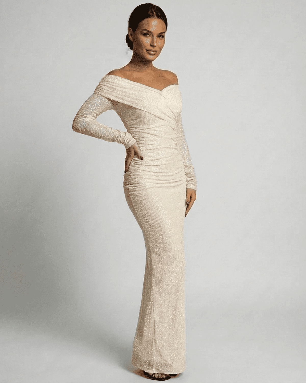 Ivory Maxi Dress by Lauven, elegant off-the-shoulder mesh sequin gown with a flattering ruched silhouette.