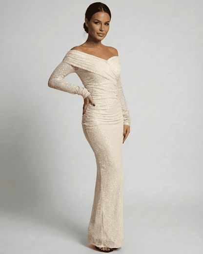 Ivory Maxi Dress by Lauven, elegant off-the-shoulder mesh sequin gown with a flattering ruched silhouette.