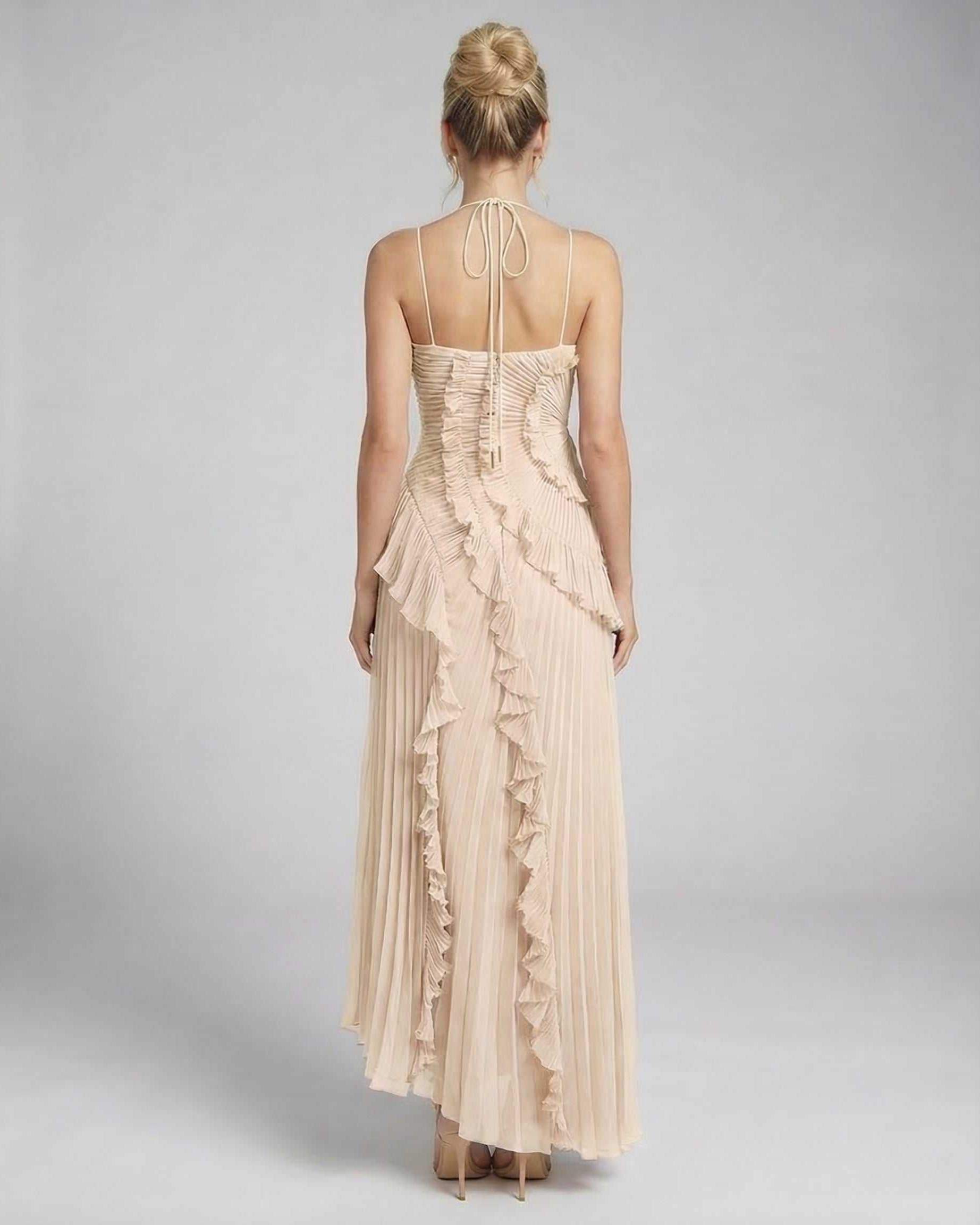 Ivory Maxi Dress by Lauven, showing the back with pleated chiffon and ruffle details for elegance.
