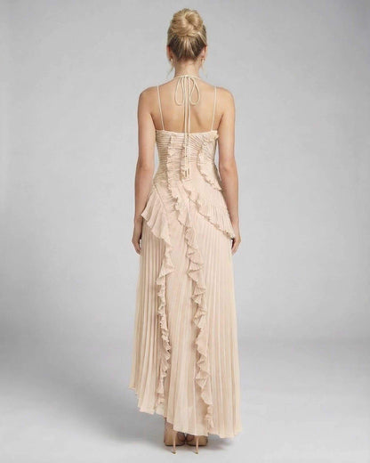 Ivory Maxi Dress by Lauven, showing the back with pleated chiffon and ruffle details for elegance.
