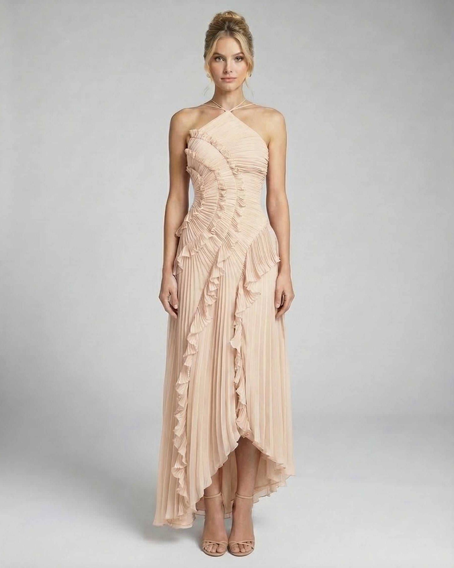 Ivory Maxi Dress by Lauven, featuring a soft pleated design with ruffles and an elegant halter neckline.