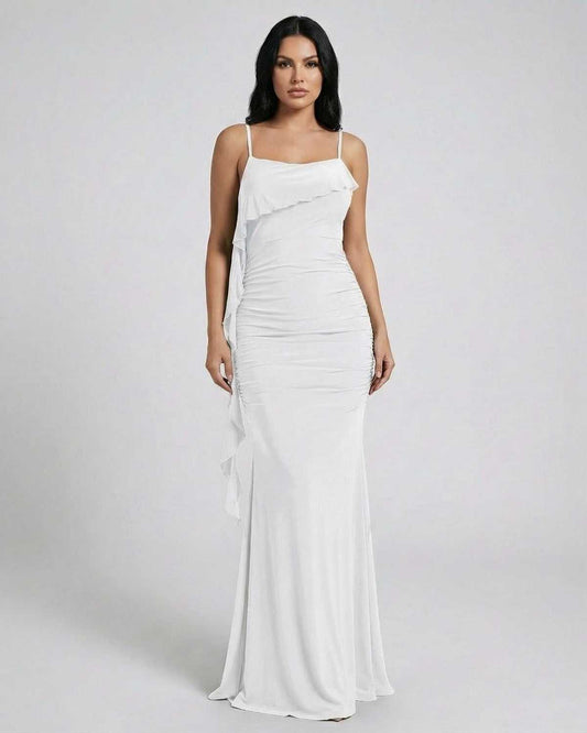 Ivory Maxi Dress by Lauven — Sleeveless slip design with fringe detailing and smooth stretch fabric.