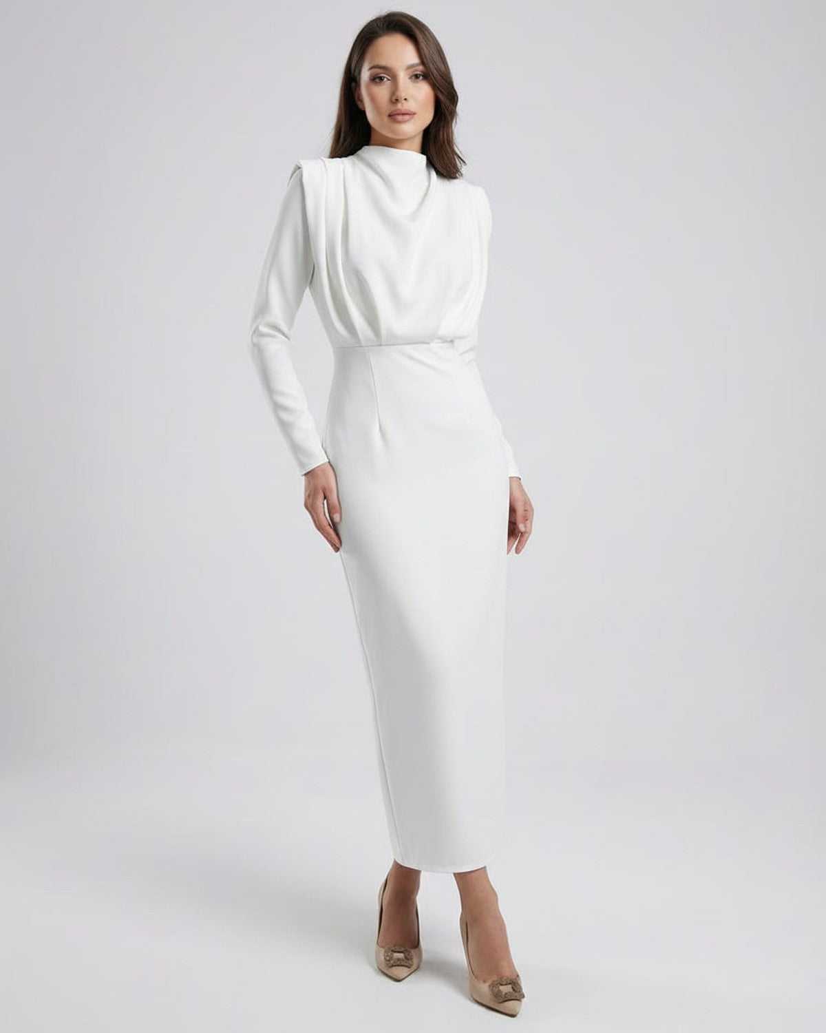 Ivory Midi Dress by Lauven, featuring an elegant trumpet silhouette and stand neckline, perfect for sophisticated occasions.