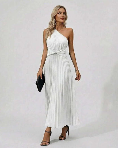 Ivory Midi Dress by Lauven – One shoulder twist front design with pleated hem, showcasing modern elegance.