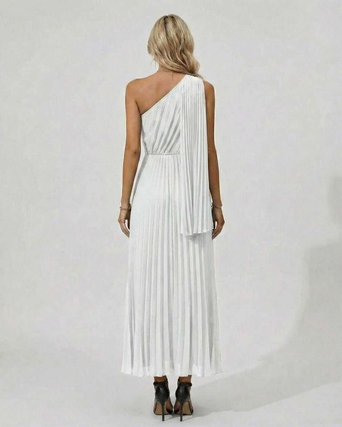 Ivory Midi Dress by Lauven - elegant one shoulder design with pleated hem viewed from the back.