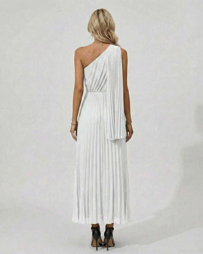 Ivory Midi Dress by Lauven - elegant one shoulder design with pleated hem viewed from the back.