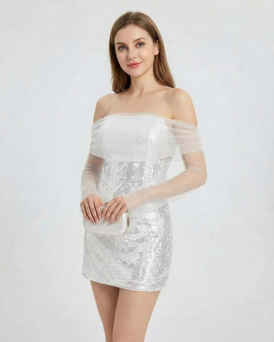 Ivory Mini Dress by Lauven - Off-the-Shoulder Sequin Mini Dress with Sheer Long Sleeves