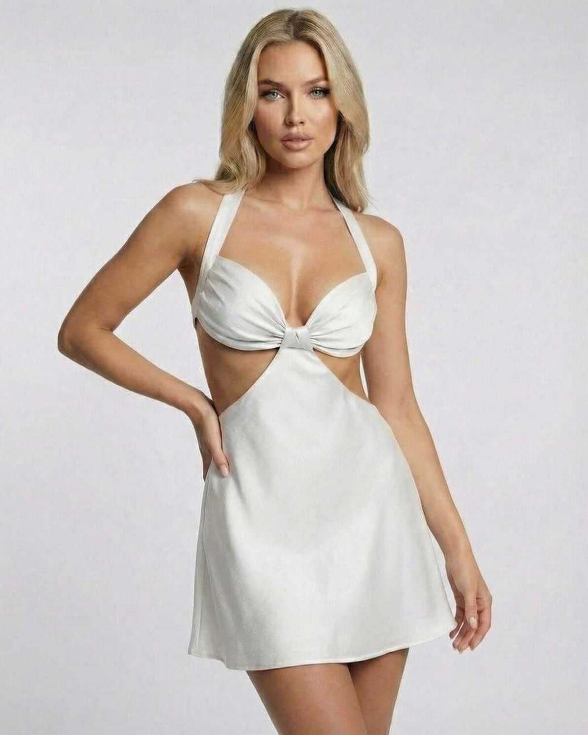 Ivory Mini Dress by Lauven - Satin halter neck with cut-out detail, perfect for summer elegance.