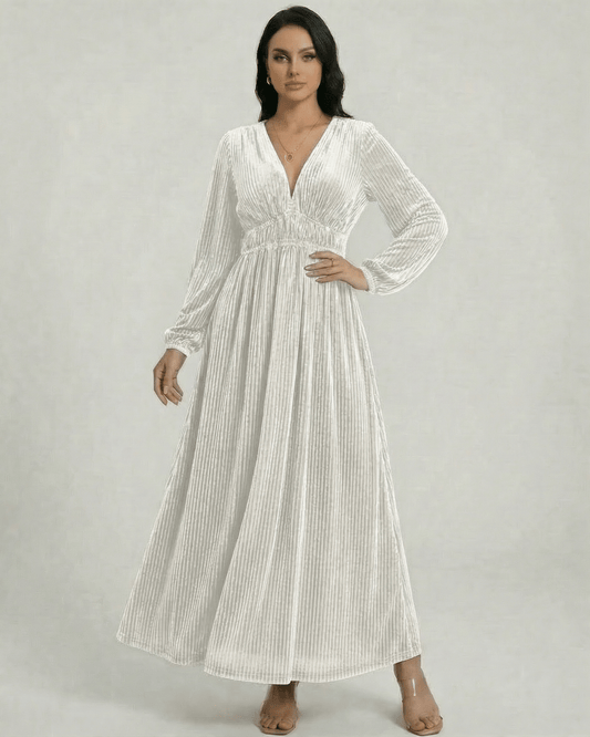 Ivorya Maxi Dress by Lauven, pleated velvet long sleeve white dress with V-neck, elegant design for special occasions.