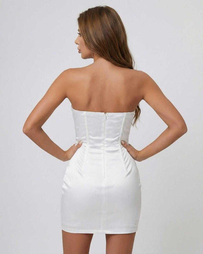 Back view of the Ivorya Mini Dress by Lauven, showcasing its sleek strapless design and structured bodice.