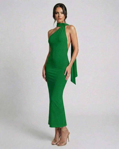 Ivy Maxi Dress by Lauven - Elegant green halter neck gown with cutout and open back, showcasing a sleek silhouette.