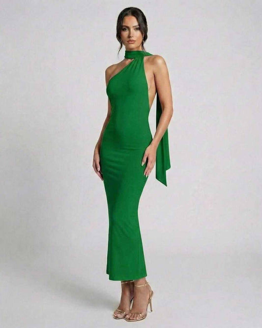 Ivy Maxi Dress by Lauven - Elegant green halter neck gown with cutout and open back, showcasing a sleek silhouette.