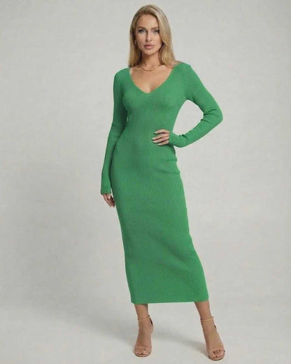 Ivy Midi Dress by Lauven - Elegant green ribbed knit dress with V-neck and long sleeves.