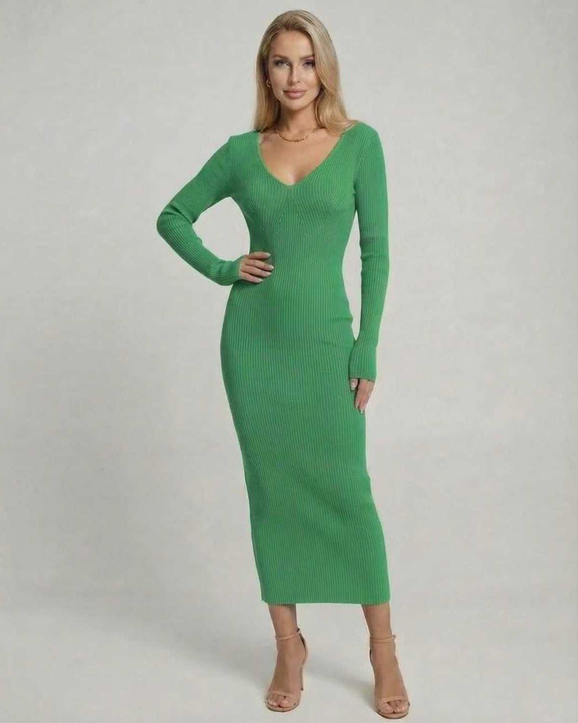 Ivy Midi Dress by Lauven, elegant green ribbed V-neck knit dress, perfect for autumn and winter styling.