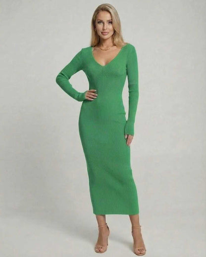 Ivy Midi Dress by Lauven, elegant green ribbed V-neck knit dress, perfect for autumn and winter styling.