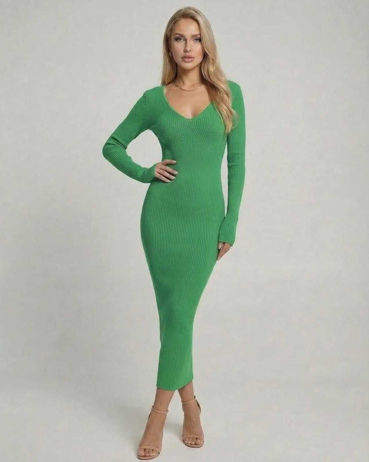Ivy Midi Dress by Lauven in vibrant green ribbed fabric with V-neckline and long sleeves.