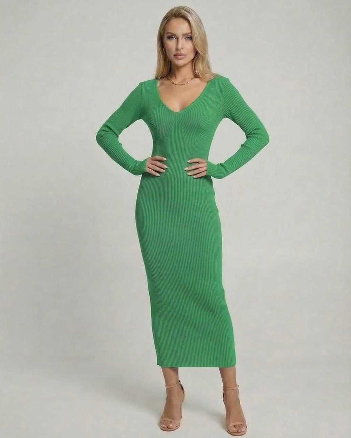 Ivy Midi Dress by Lauven, featuring a vibrant green ribbed design and flattering V-neckline, perfect for autumn styling.
