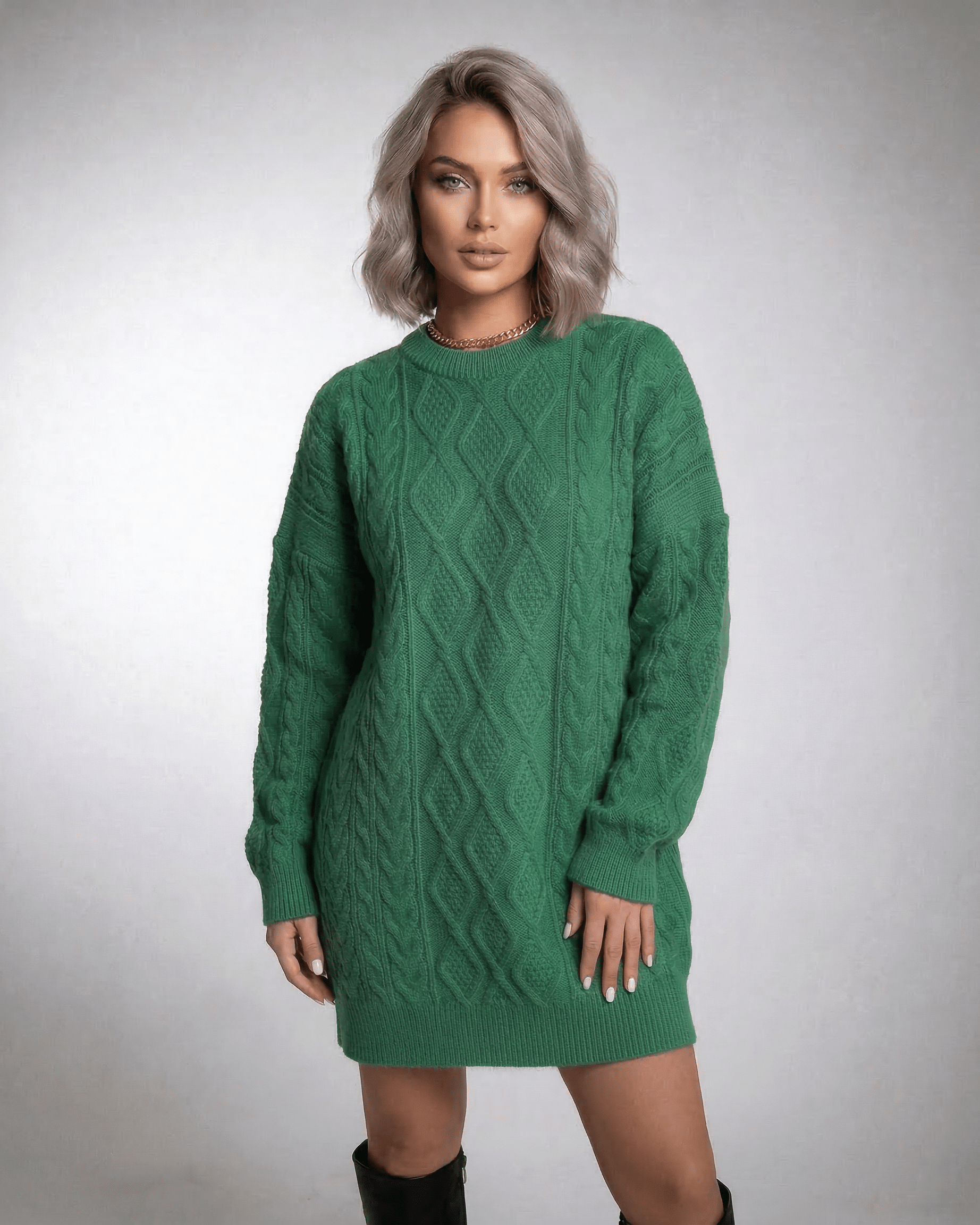 Ivy Mini Dress by Lauven in emerald green cable knit, featuring a relaxed fit and dropped long sleeves.