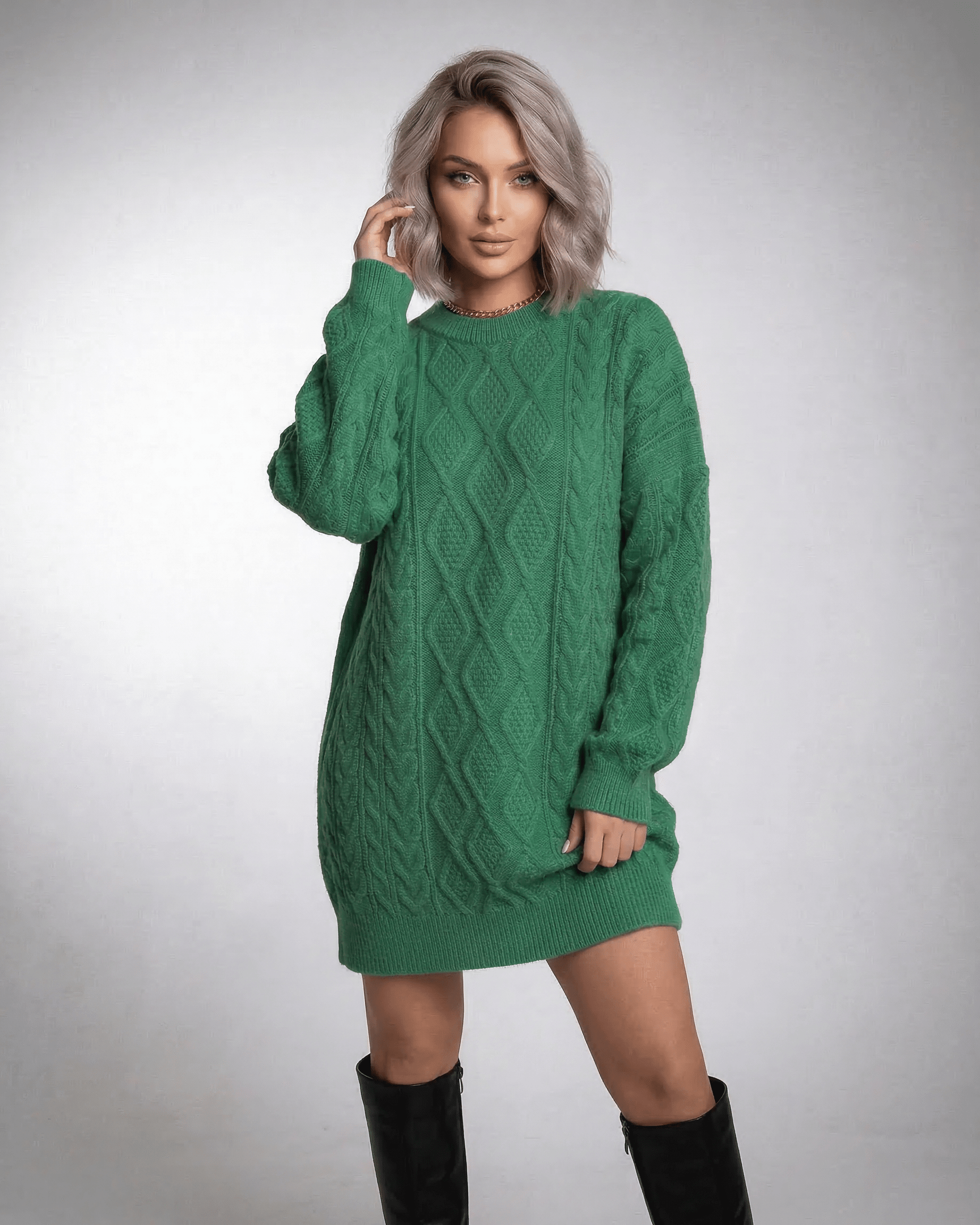 Lauven Ivy Mini Dress in emerald green cable knit, featuring a relaxed silhouette and long sleeves.