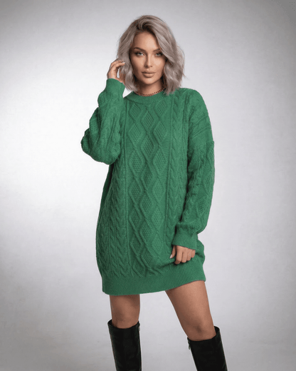 Lauven Ivy Mini Dress in emerald green cable knit, featuring a relaxed silhouette and long sleeves.