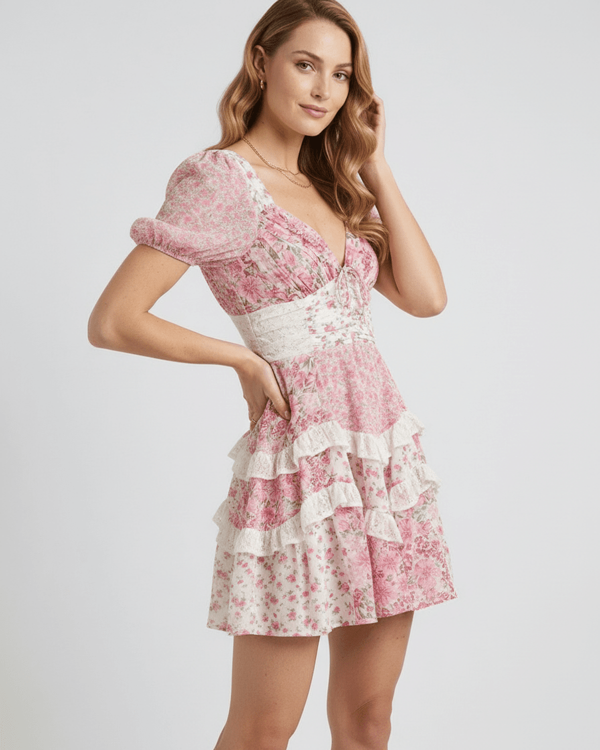Ivy Mini Dress by Lauven, floral print, A-line silhouette, puff sleeves, feminine style, comfortable and elegant.