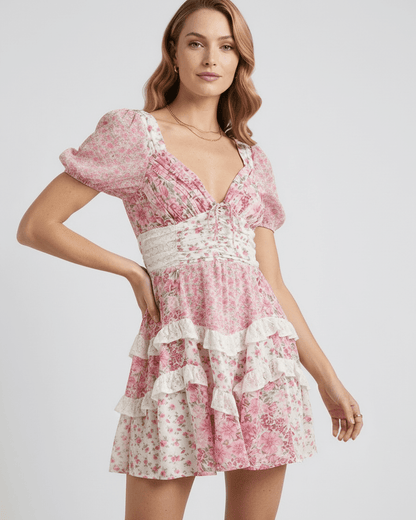 Ivy Mini Dress by Lauven featuring a floral print, puff sleeves, and A-line silhouette for a feminine look.