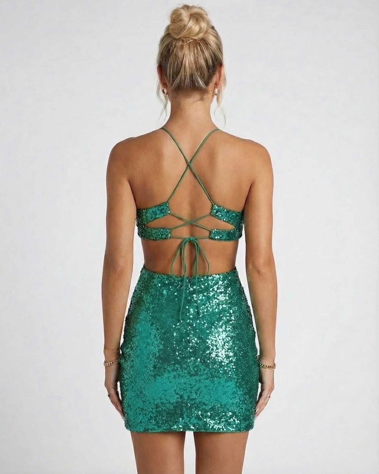 Jade Mini Dress by Lauven - back view of emerald green sequined cutout sleeveless party dress.